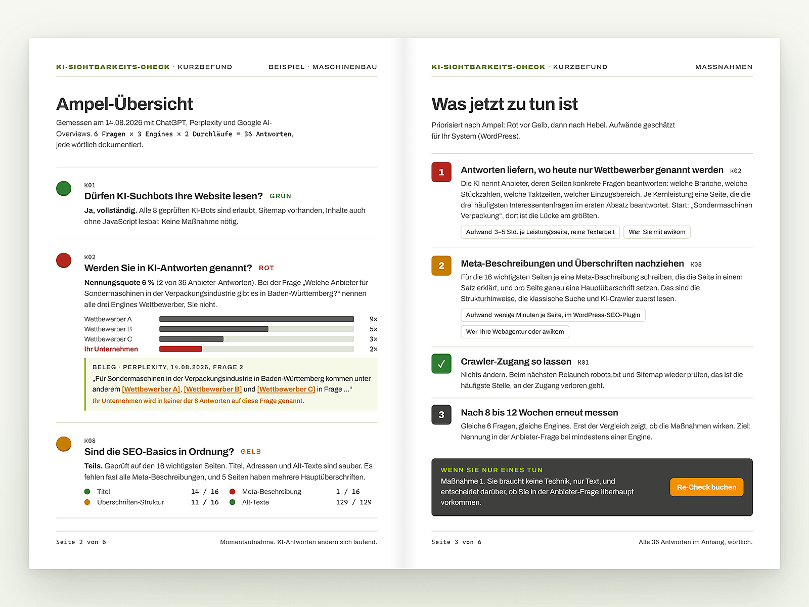 Beispielhafte Doppelseite aus dem Kurzbefund-PDF: links Ampel-Übersicht mit Kriterien wie Crawler-Zugang und Nennungsquote, rechts priorisierte Maßnahmenliste