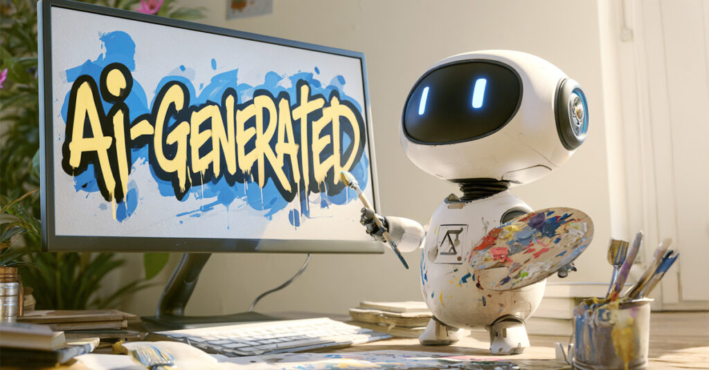 Roboter Robbi malt den Schriftzug AI-Generated auf einen Bildschirm – Symbolbild zur KI-Kennzeichnung